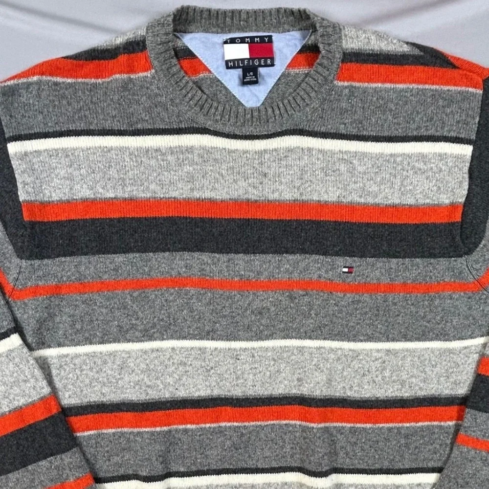 Vintage Tommy Hilfiger Mens Large Striped Cotton Lambswool Crewneck Sweater